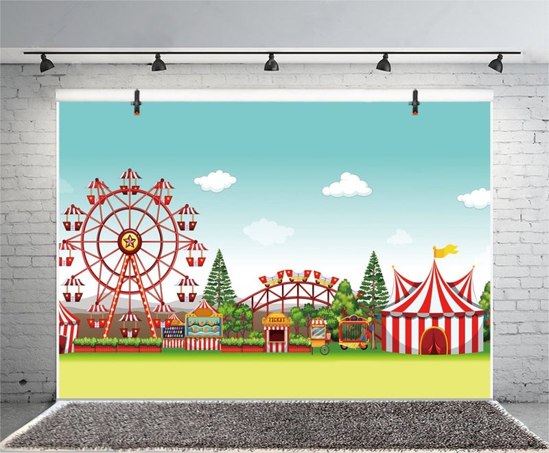 Yeele 10x8ft Fairground Photo Backdrop Cartoon Circus Carnival Playground Carousel Ferris Wheel Ticket Amusement Park Background for Photography Kids Girl Boy Baby Portrait Booth Shoot Studio Props - Image 3